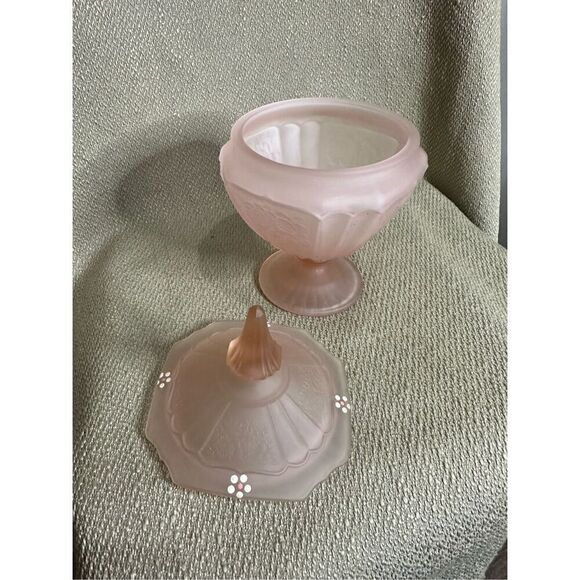 Vintage Anchor Hocking Mayfair Pink Frosted Depression Candy Dish & Lid Floral - Picture 6 of 11